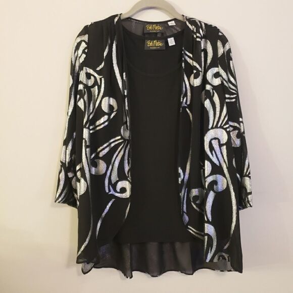 BOB MACKIE BLACK AND SILVER TOP AND SHEER OPEN CARDIGAN SIZE SMALL - Picture 1 of 7